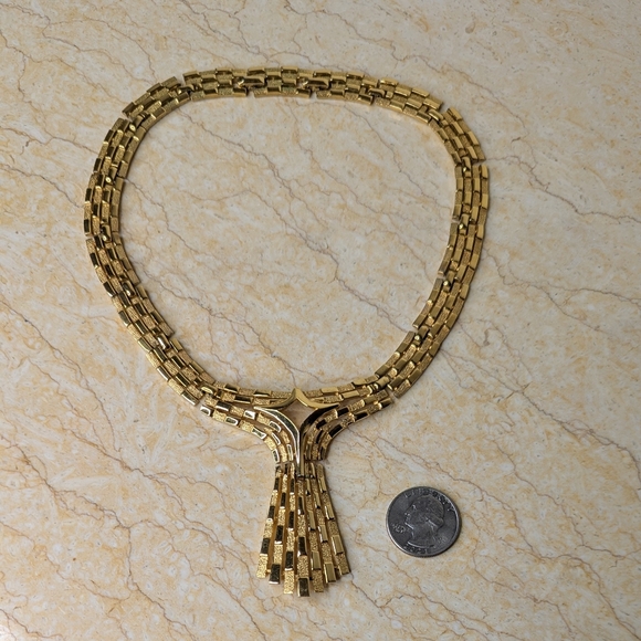 Vintage Trifari Art Deco Gold Tone Chain Tassel Chunky Necklace Choker - Picture 8 of 12